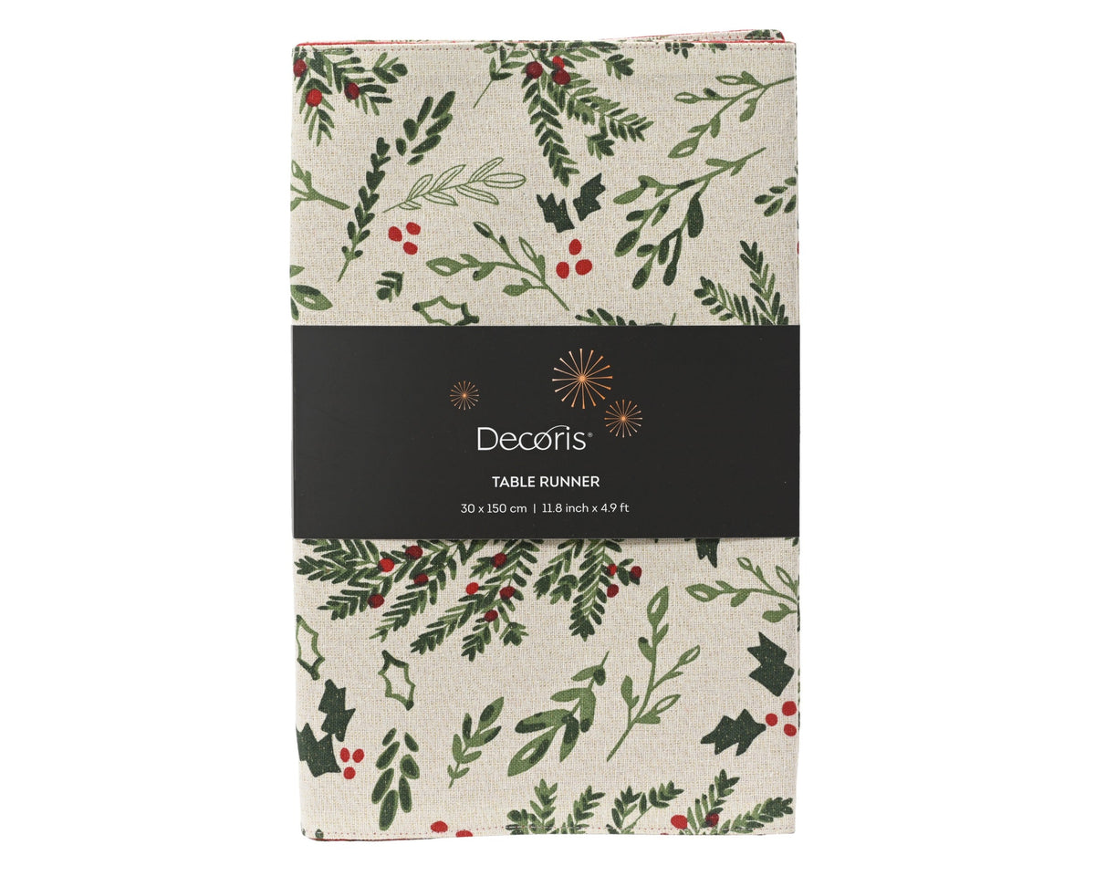 tafelloper katoen rectangular n/a misletoe and holly leaf wit/groen l.150cm x w.30cm x h.0.1cm