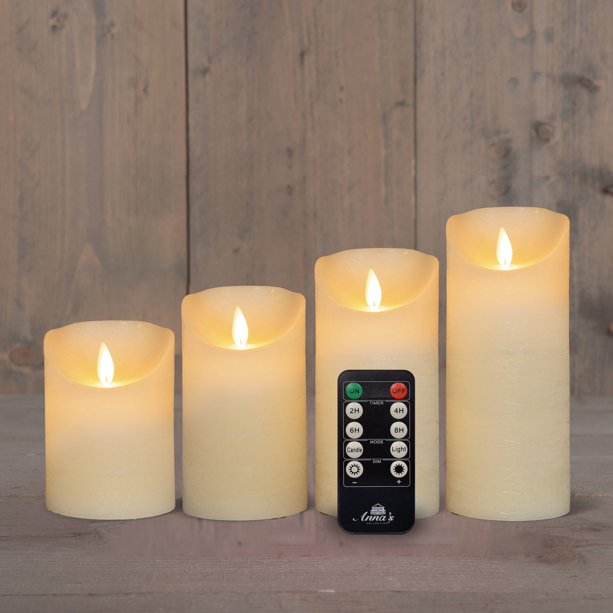 kaars rustiek wax led bewegende vlam op batterij met afstandsbediening set van 4 d7.5h10/12.5/15/17.5cm ivoor