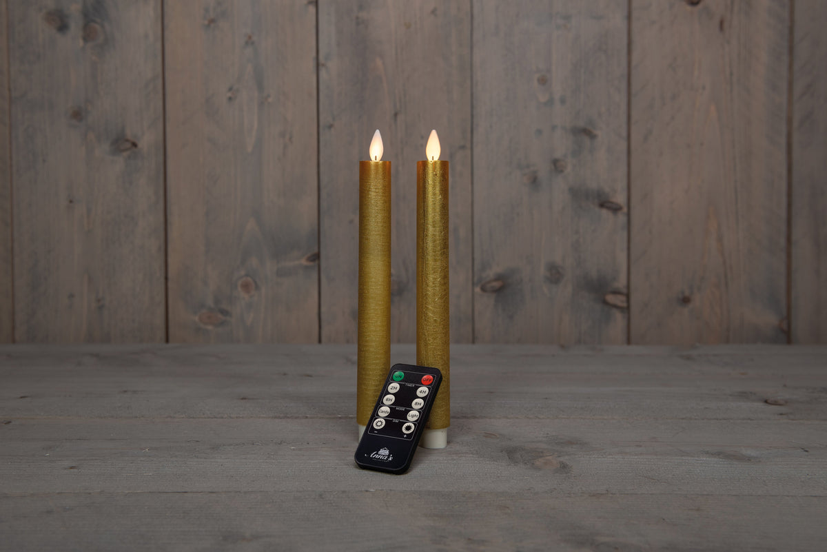 dinerkaars rustiek wax led bewegende vlam op batterij met afstandsbediening h23cm goud 2st