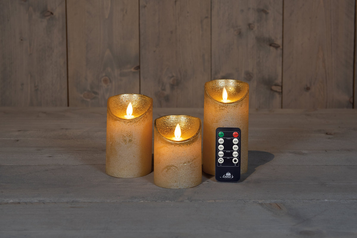 kaars rustiek wax led bewegende vlam op batterij met afstandsbediening 10/12.5/15x7.5cm goud set van 3