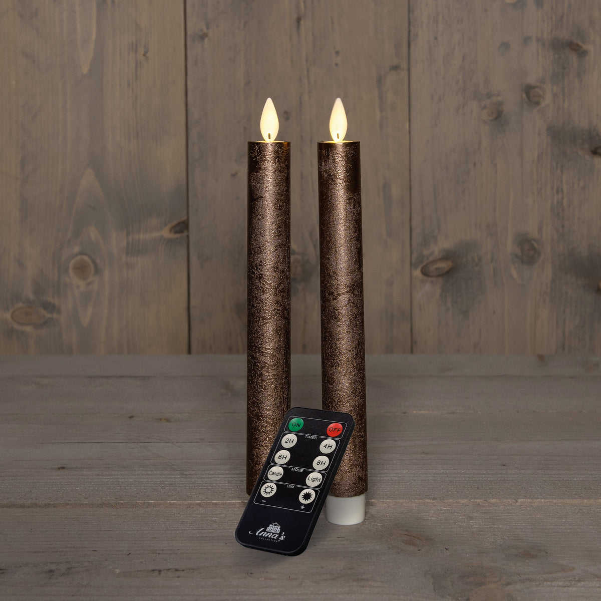 dinerkaars rustiek wax led bewegende vlam op batterij met afstandsbediening h23cm brons 2st