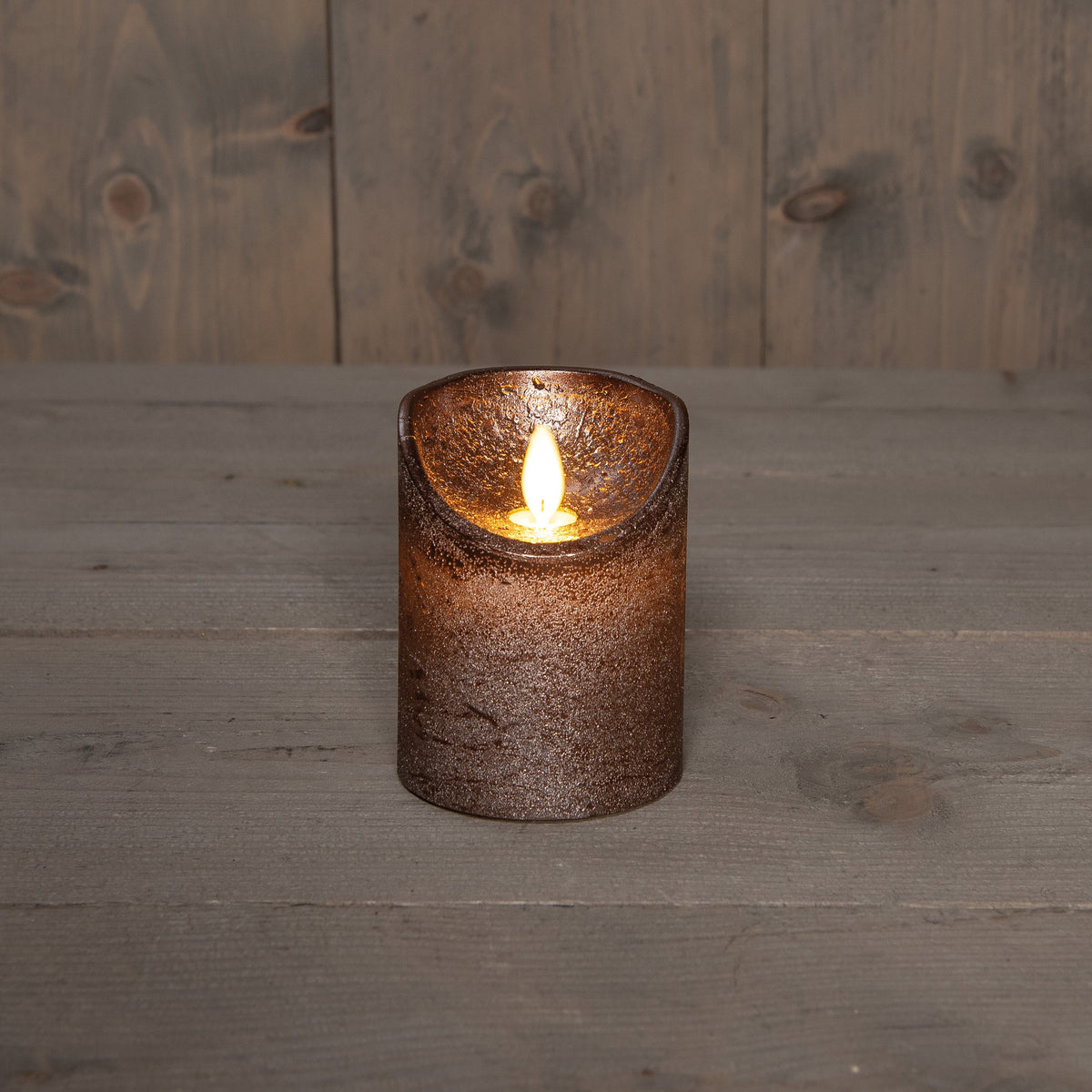 stompkaars rustiek wax bewegende vlam op 3xaaa batterij met timer 10x7.5cm brons