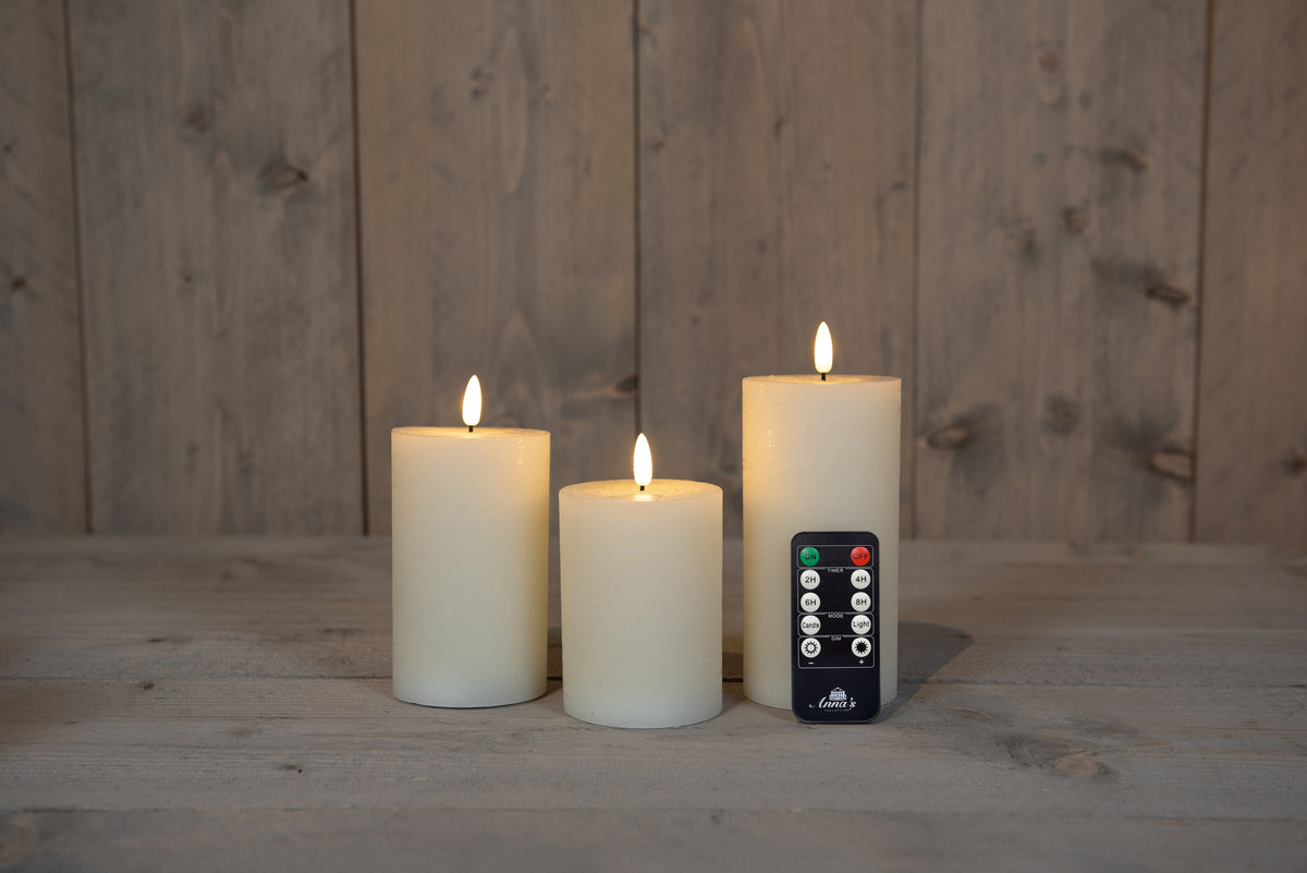 stompkaars rustiek wax 3d vlam op 3x3aaa batterij met afstandbediening d7.5h10/12.5/15cm ivoor set van 3