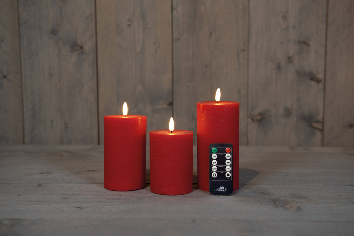 stompkaars rustiek wax 3d vlam op 3x3aaa batterij met afstandbediening d7.5h10/12.5/15cm rood set van 3