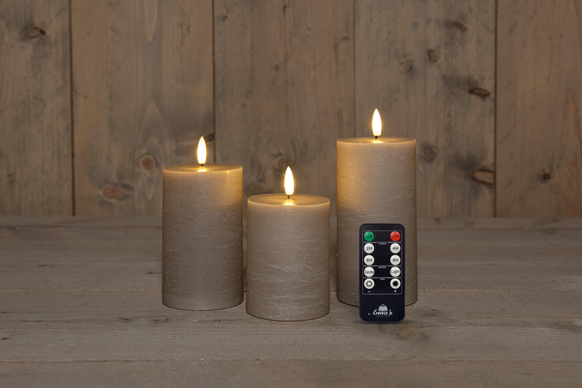 stompkaars rustiek wax 3d vlam op 3x3aaa batterij met afstandbediening d7.5h10/12.5/15cm taupe set van 3