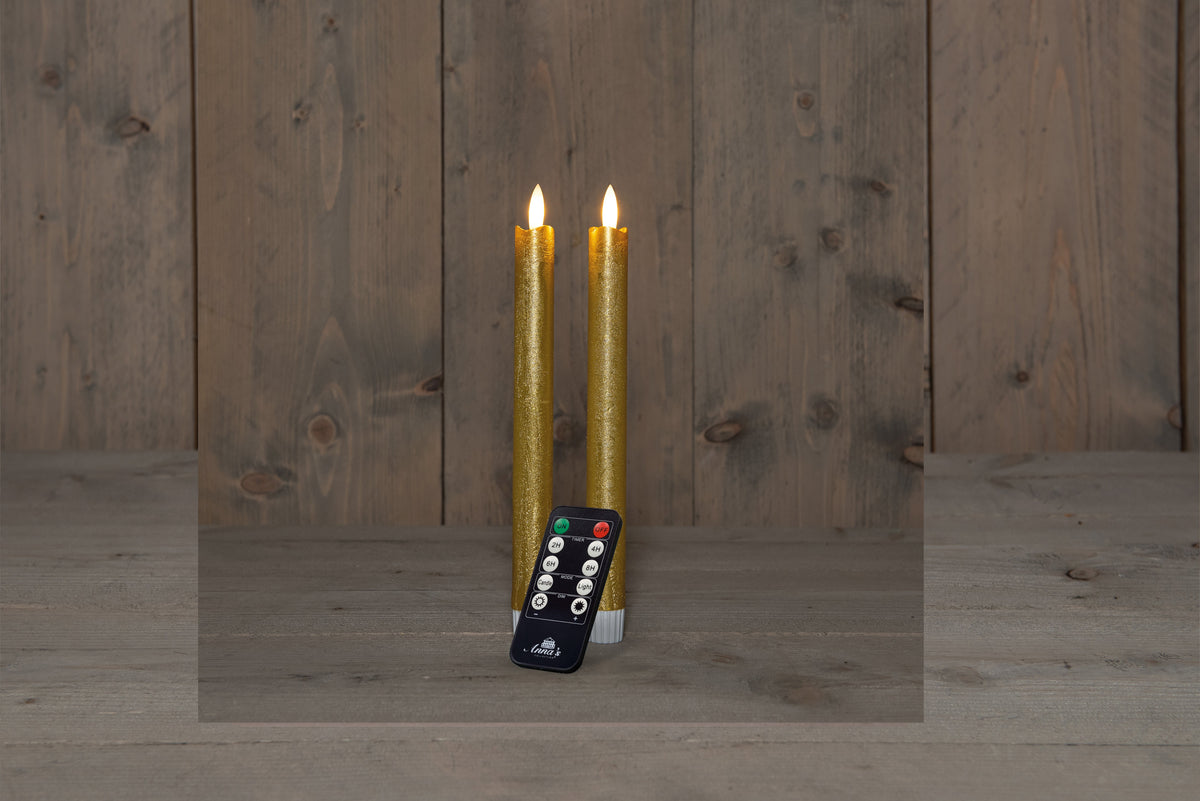 dinerkaars rustiek wax 3d vlam op 2x2aaa batterij met afstandsbediening 23cm goud 2 stuks