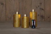 stompkaars rustiek wax 3d vlam op 3x3aaa batterij met afstandbediening d7.5h10/12.5/15cm goud set van 3