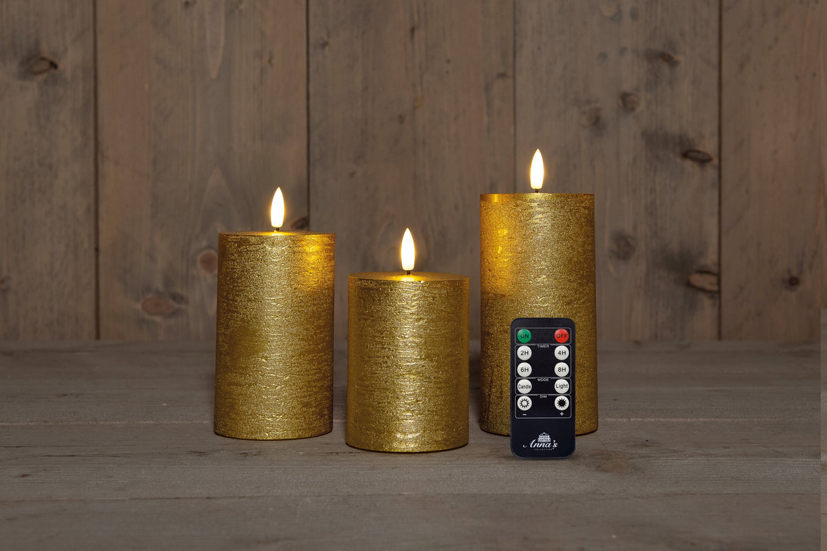 stompkaars rustiek wax 3d vlam op 3x3aaa batterij met afstandbediening d7.5h10/12.5/15cm goud set van 3