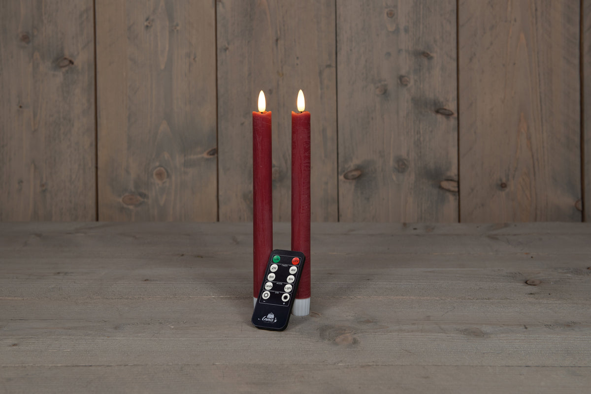 dinerkaars rustiek wax 3d vlam op 2x2aaa batterij met afstandsbediening 23cm bordeaux 2 stuks