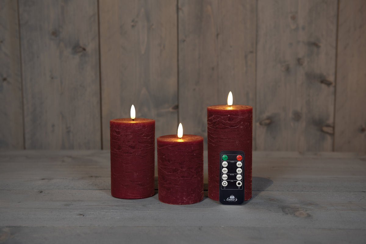 stompkaars rustiek wax 3d vlam op 3x3aaa batterij met afstandbediening d7.5h10/12.5/15cm bordeaux set van 3