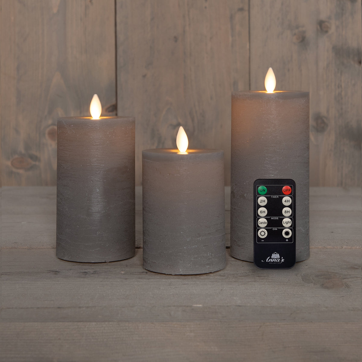 stompkaars rustiek wax bewegende vlam oplaadbaar met afstandsbediening en usb kabel 10/12.5/15x7.5cm taupe set van 3