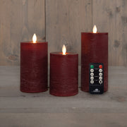 stompkaars rustiek wax bewegende vlam oplaadbaar met afstandsbediening en usb kabel 10/12.5/15x7.5cm bordeaux set van 3