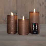 stompkaars rustiek wax bewegende vlam oplaadbaar met afstandsbediening en usb kabel 10/12.5/15x7.5cm brons set van 3