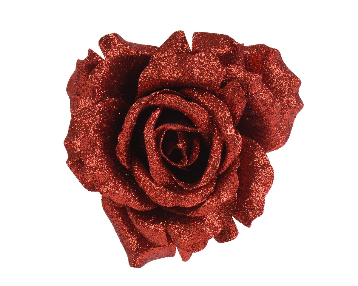 roos op clip polyester glitters kerstrood d.12cm x h.7.5cm