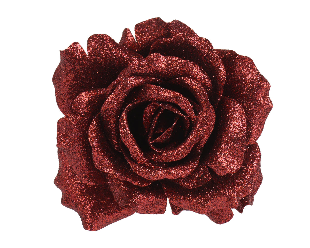 roos op clip polyester glitters ossenbloed d.12cm x h.7.5cm