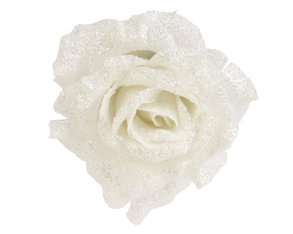 roos op clip polyester glitters wit d.12cm x h.7.5cm