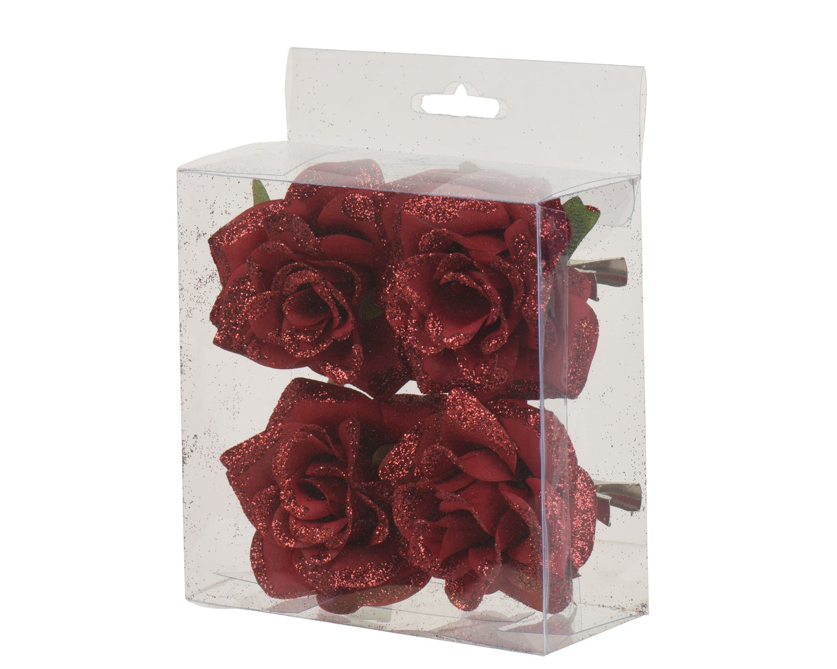 roos op clip polyester glitters ossenbloed d.8cm x h.4.5cm