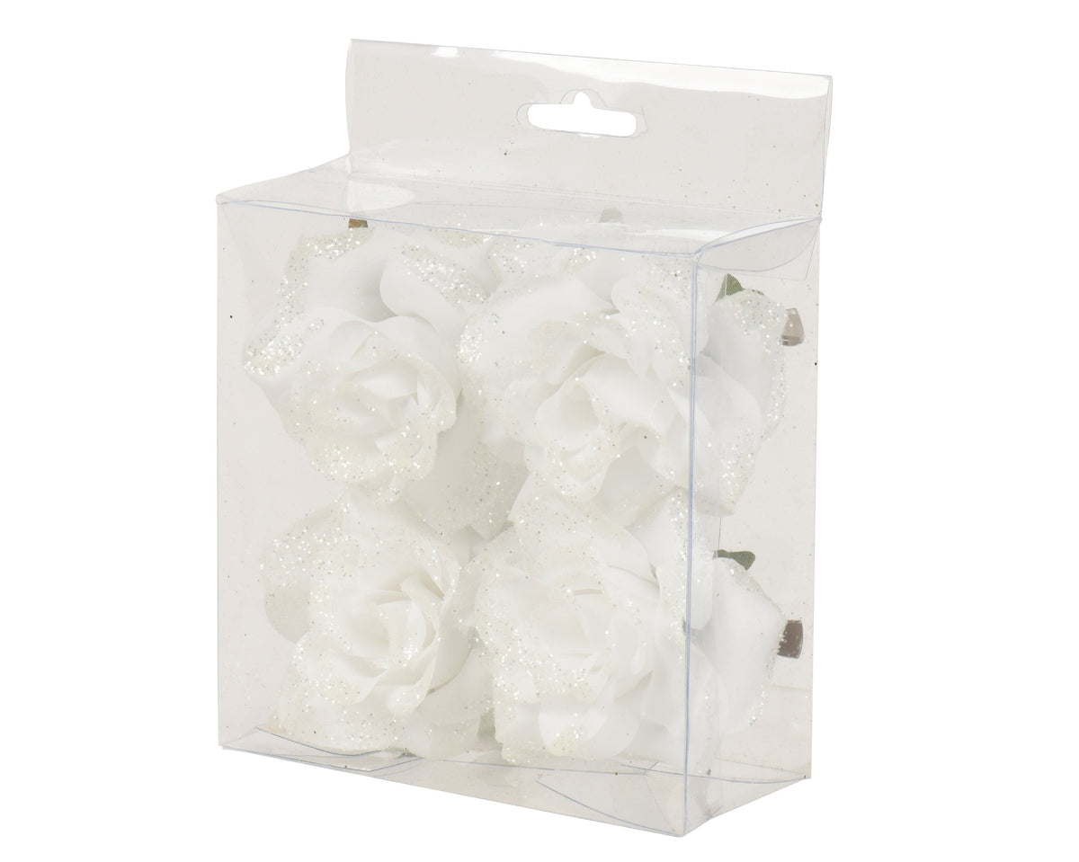 roos op clip polyester glitters wit d.8cm x h.4.5cm