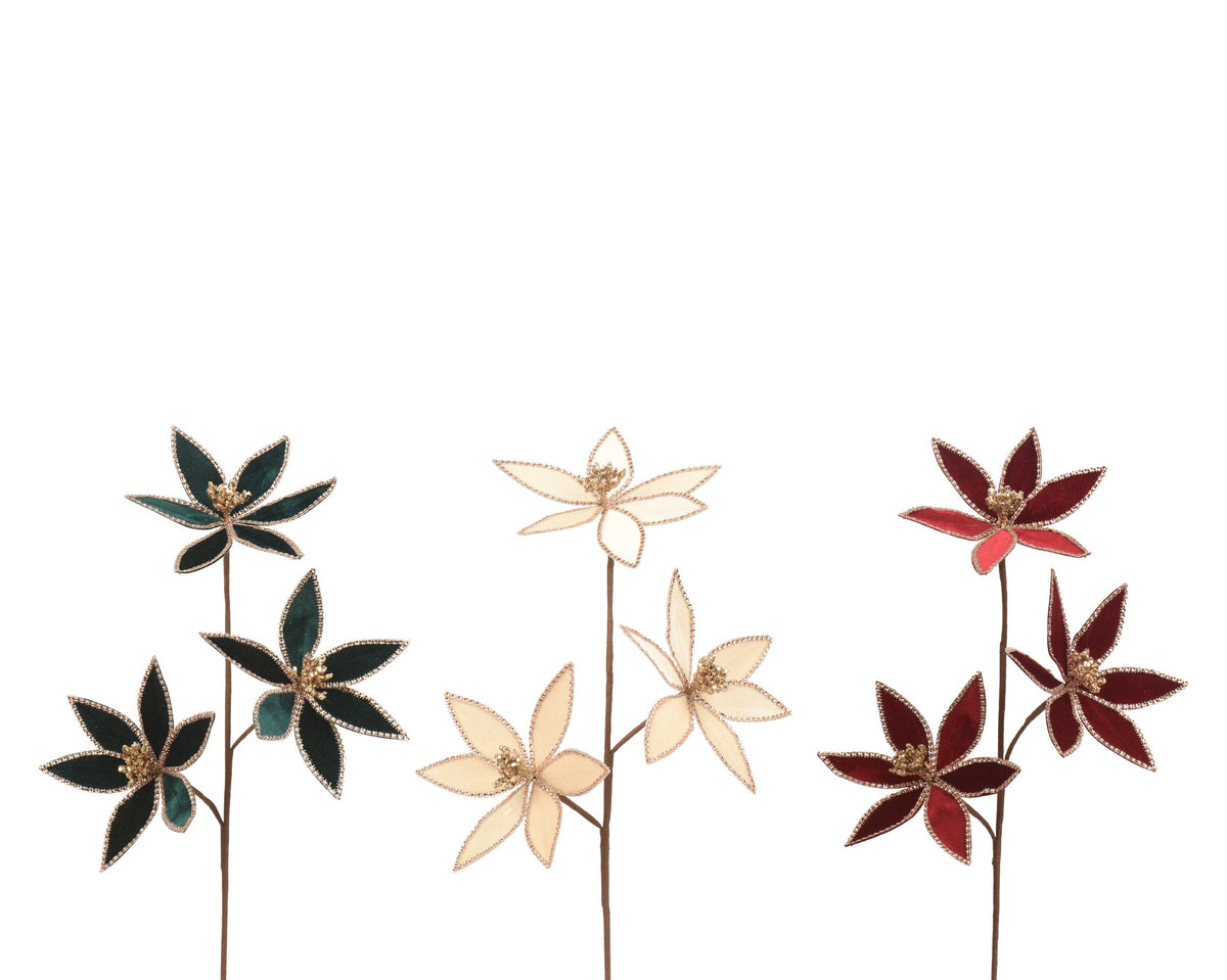 spray polyester fluweel glitter, sequin 3 flowers 3col ass assortie l.8cm x w.26cm x h.73cm