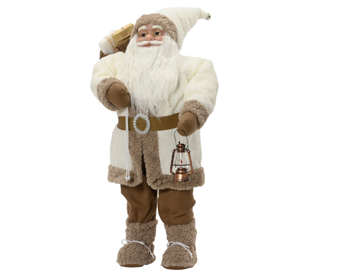 kerstman polyester white/brown coat, christmas hat, gift bag, belt and plastic lantern wit/kleur(en) l.37cm x w.23.5cm x h.80cm