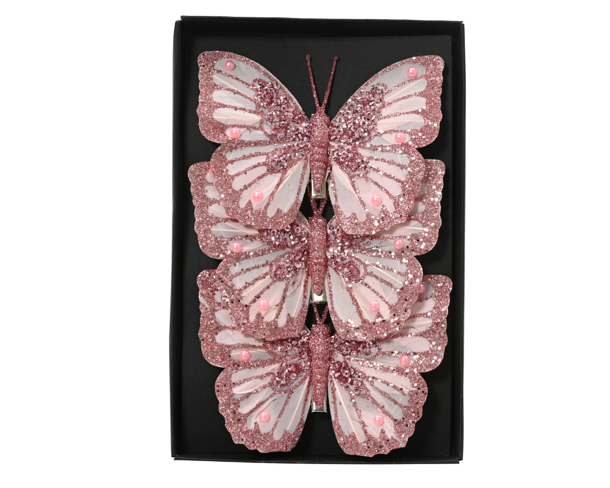 vlinder veer glitter bead, splangle, sequin op clip roze l.12cm x w.8.5cm x h.1cm