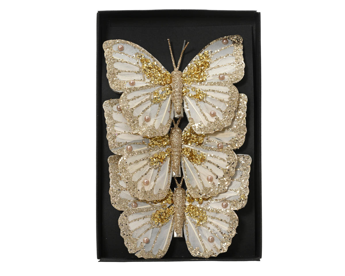 vlinder veer glitter bead, splangle, sequin op clip licht goud l.12cm x w.8.5cm x h.1cm