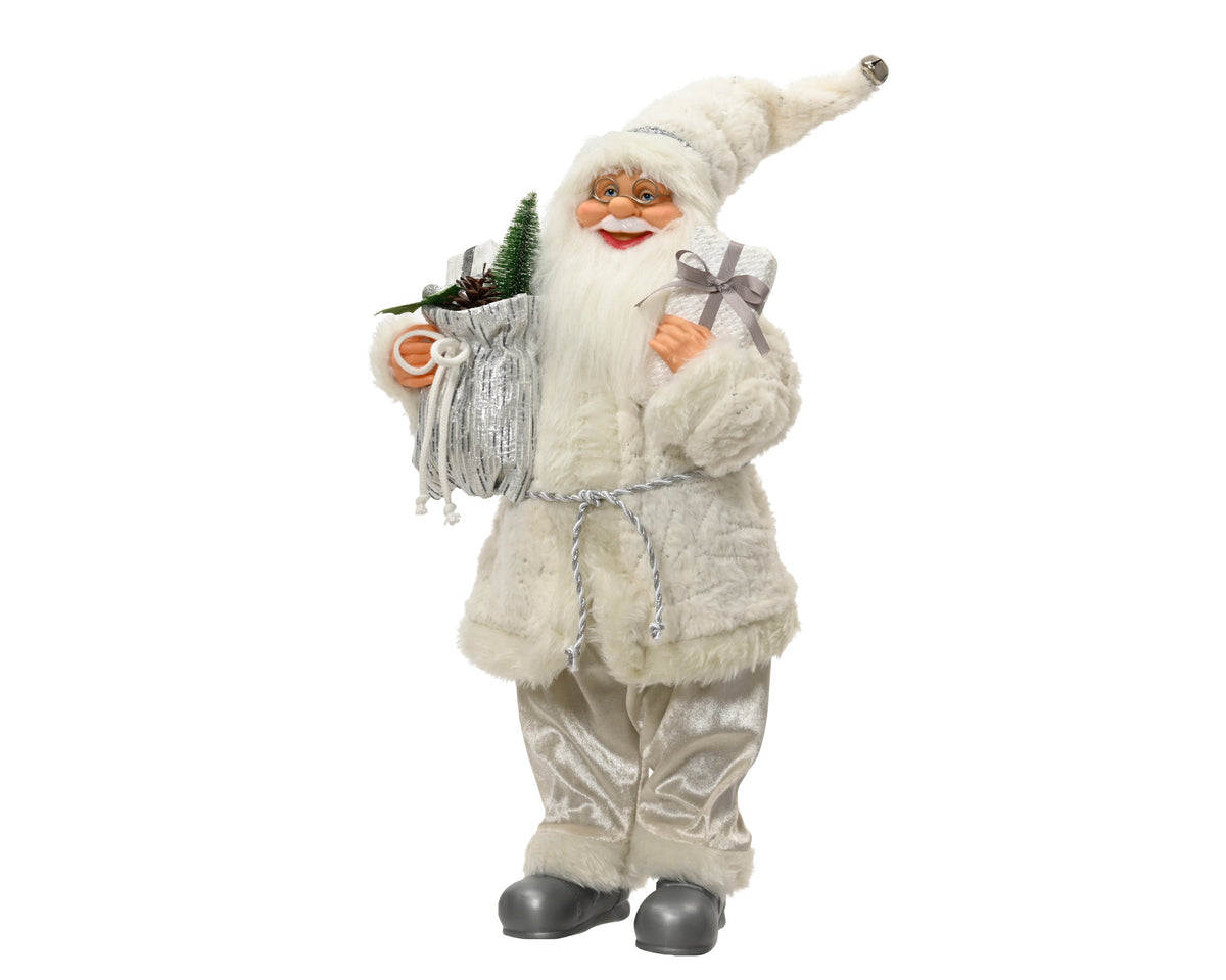 kerstman plastic polyester fabric, silver brim, belt, giftbag, green tree, plastic pinecone, foam present box wit l.35cm x w.16cm x h.60cm