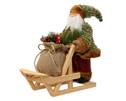 kerstman plastic polyester fabric, wood sleigh, branches pinecone berries mosgroen/kleur(en) l.16cm x w.30cm x h.32cm
