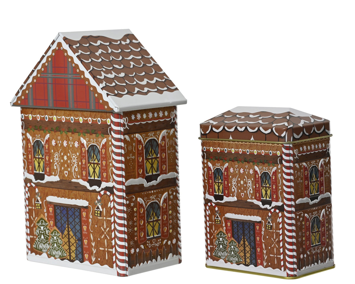 opberg blik house uv print embossed pattern bruin/kleur(en) l.10.5cm x w.6.5cm x h.21.5cm