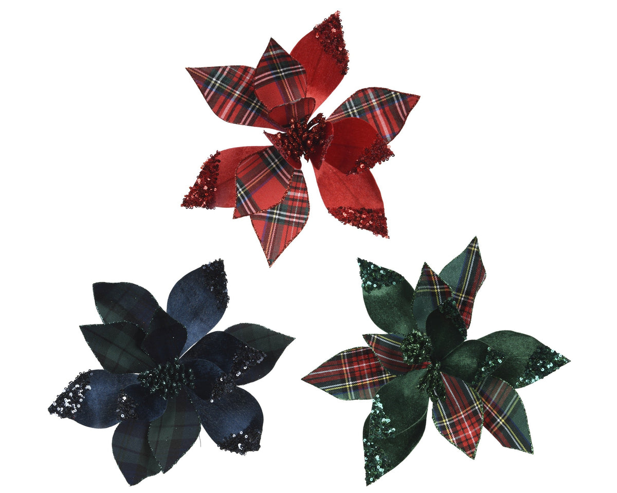 poinsettia op clip polyester fluweel on clip 3col ass assortie d.27cm x h.8cm