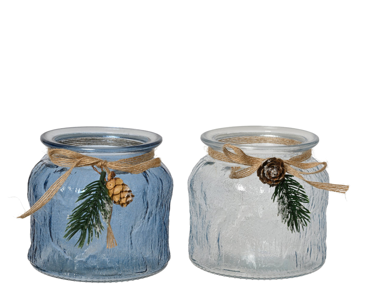 theelichthouder glas transparent with jute bow 2col ass assortie d.11cm x h.10.5cm
