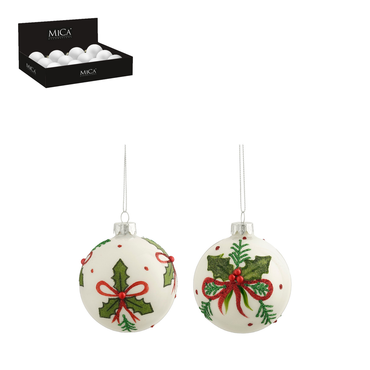 bal glas hulst strik wit 2 assorti 12 stuks display - d8cm