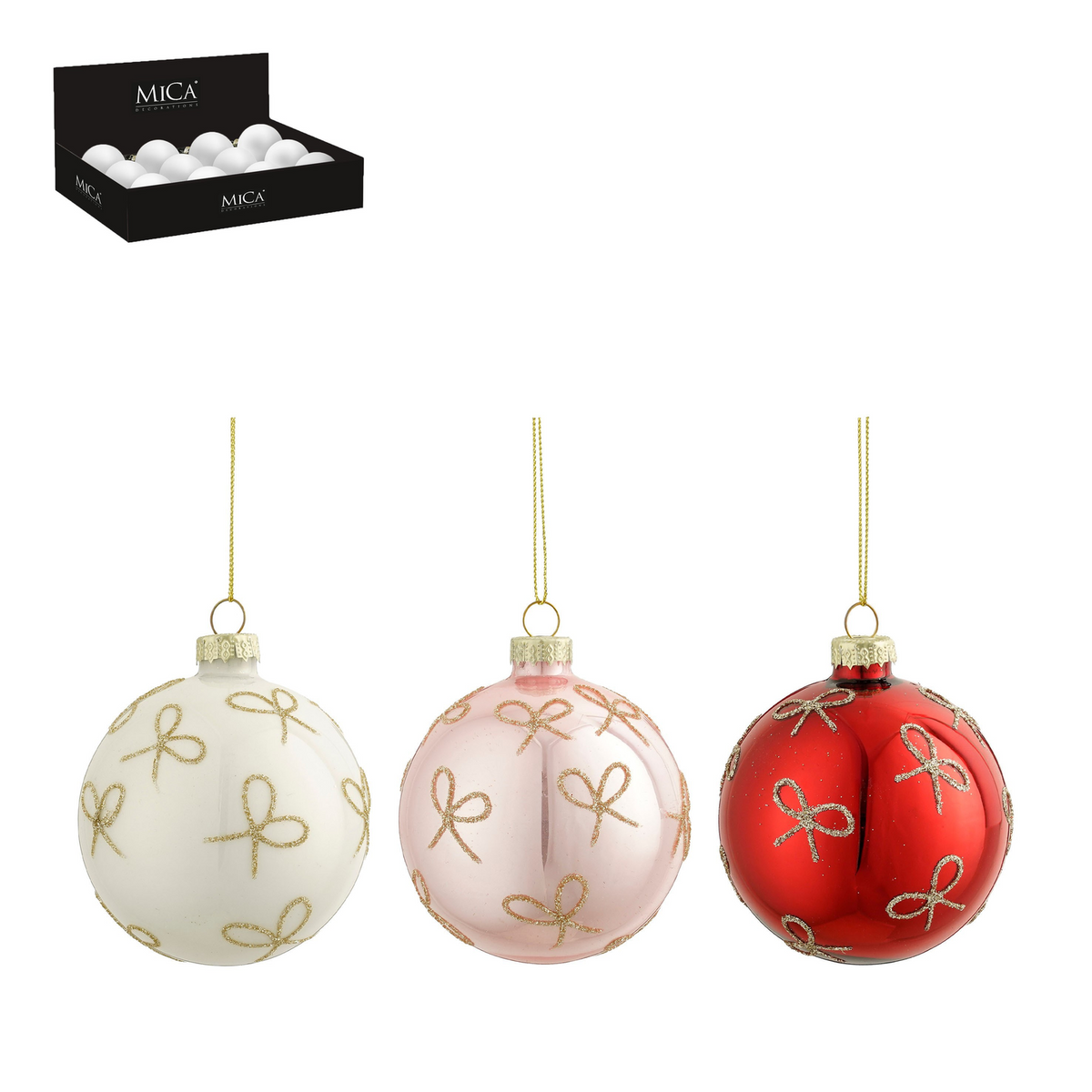 bal glas strik wit rood roze 3 assorti 12 stuks display - d8cm