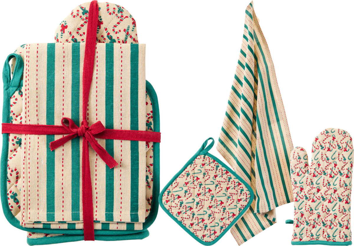 keukentextiel set 3sts ovenhandschoen, pannenlap en theedoek groen kerst design