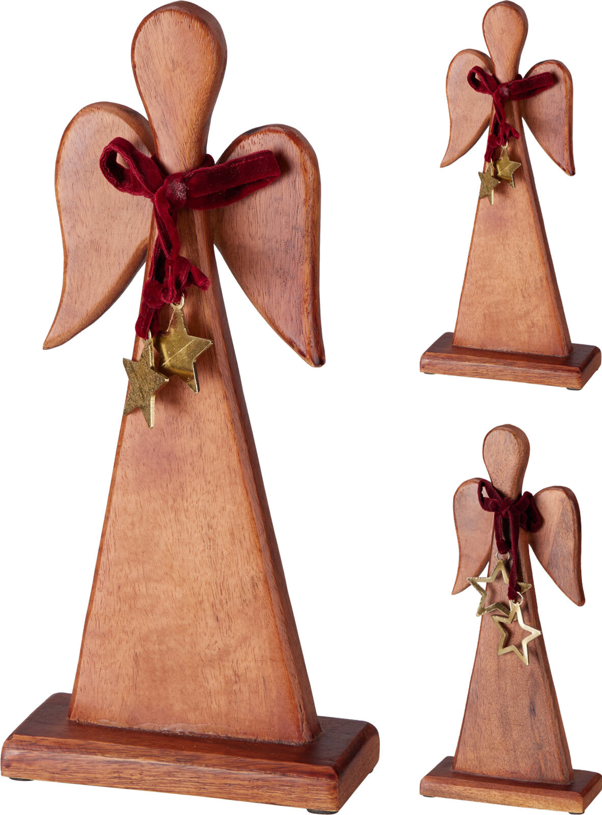 engel 32cm staande 2ass houten met burgundy lint en goud sterren