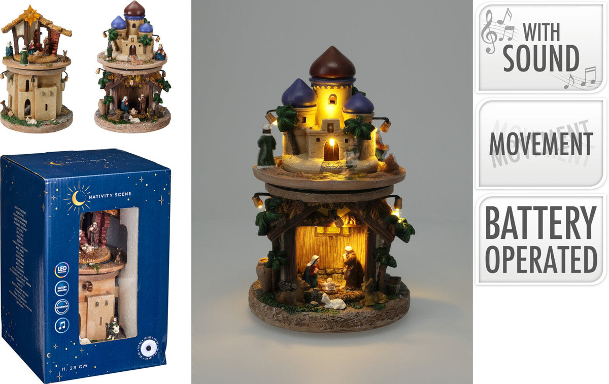 kerststal tafereel 23cm met led en muziek 2ass