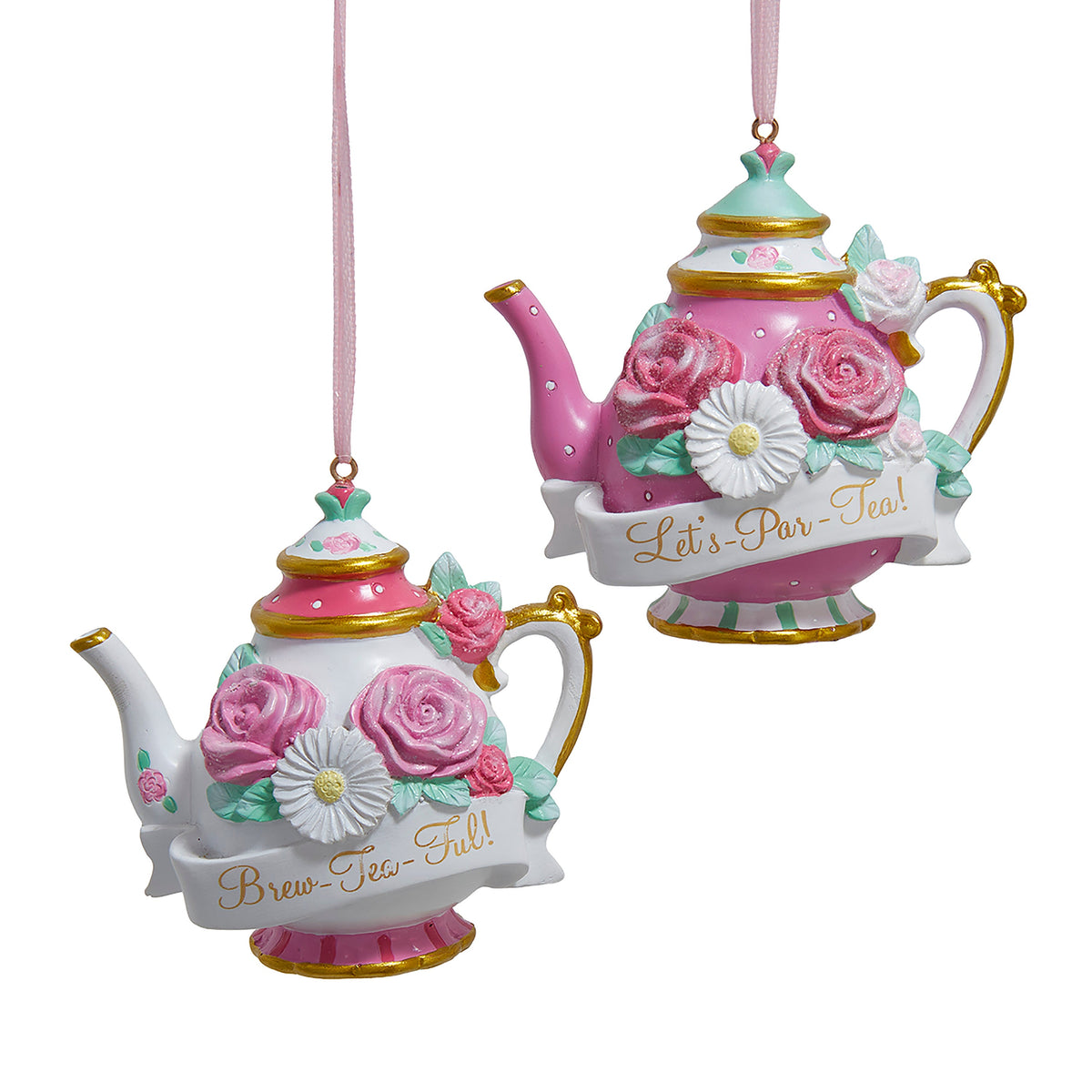 3.6"resin floral teapot w/words orn 2/asstd: "let's-par-tea!