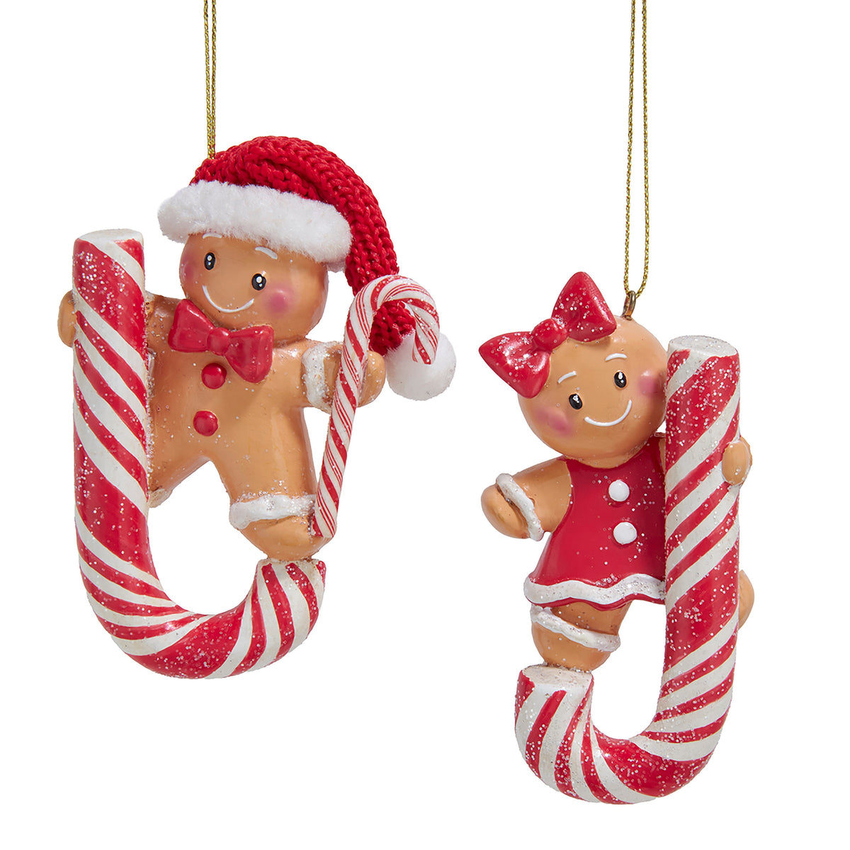 4"resin gingerbread boy & girl on candy cane orn 2/asstd