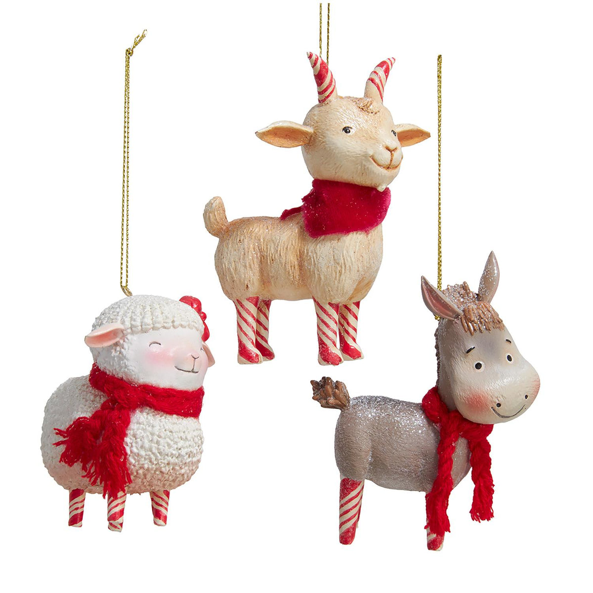 4"resin candy cane lane farm animal orn 3/asstd: sheep, donk