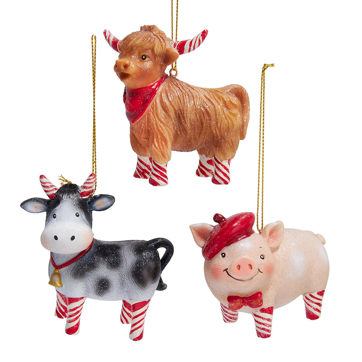 2.13-3.23"resin candy cane farm animal orn 3/asstd: pig, cow