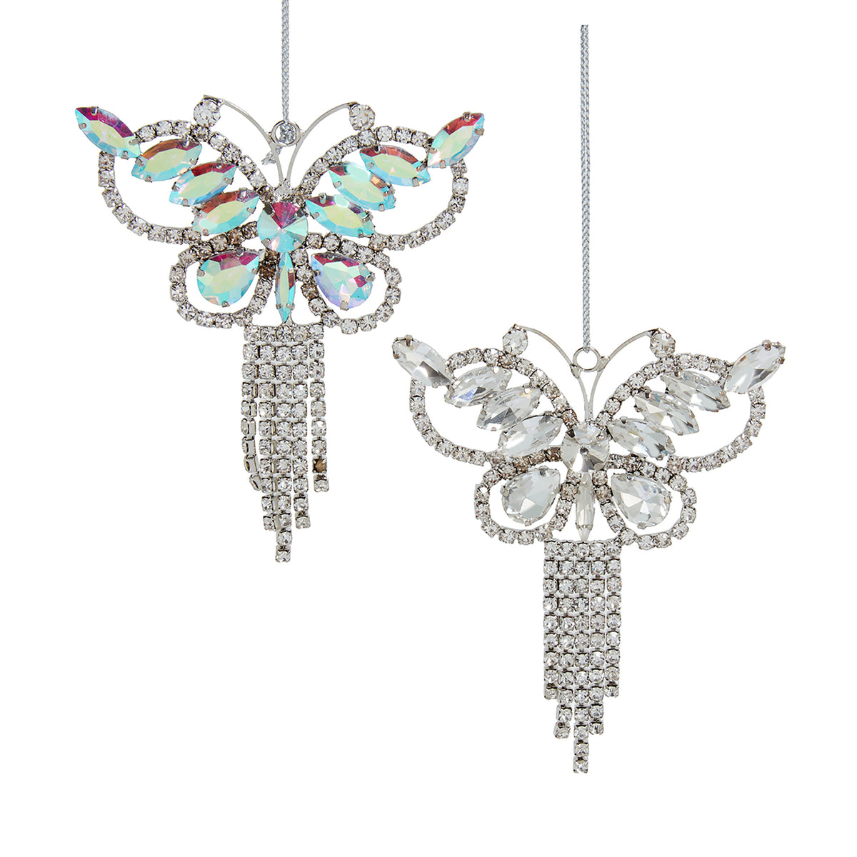 3.74"metal clear & iridescent butterfly w/gem orn 2/asstd