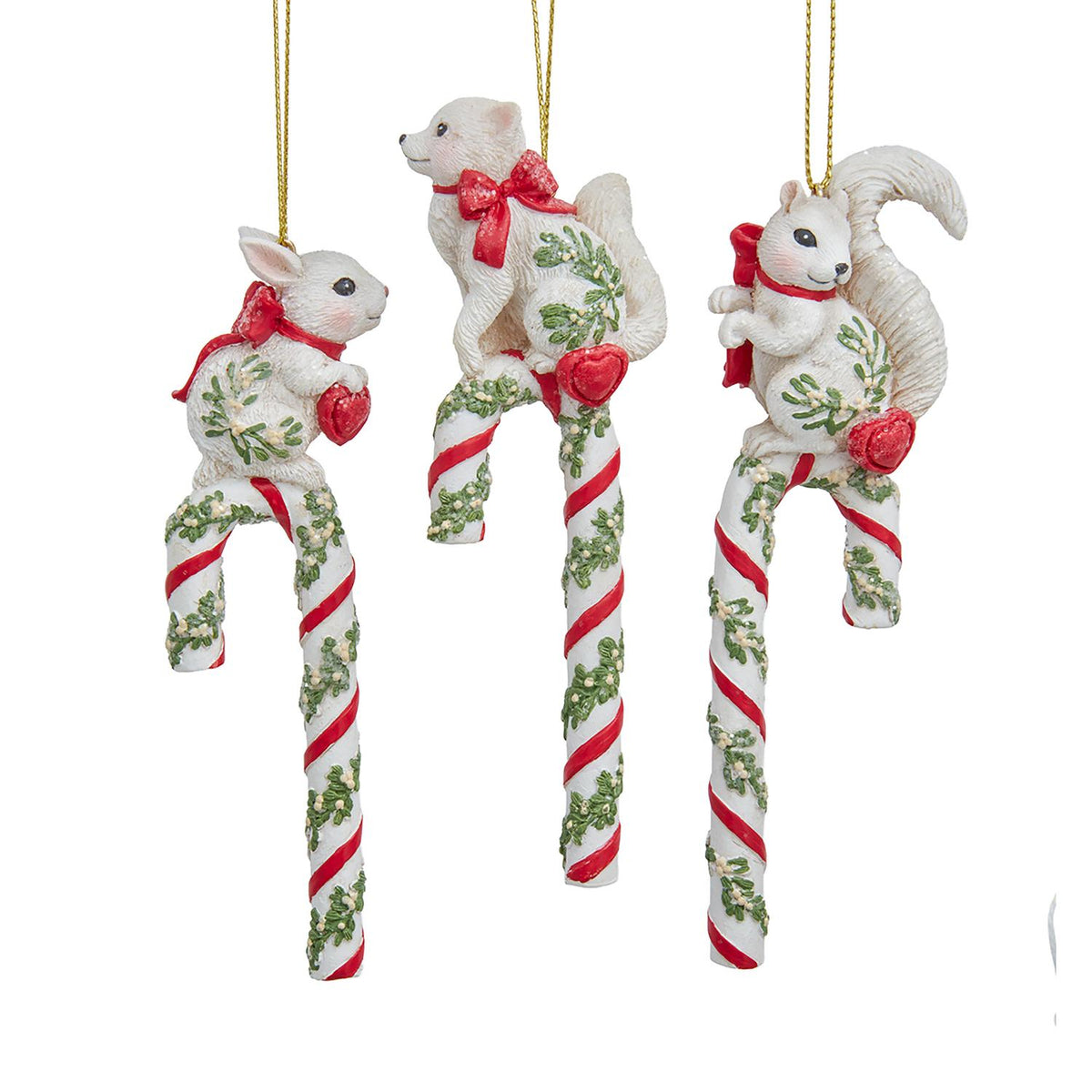 4.75"resin mistletoe kisses animal on candy cane orn 3/asstd