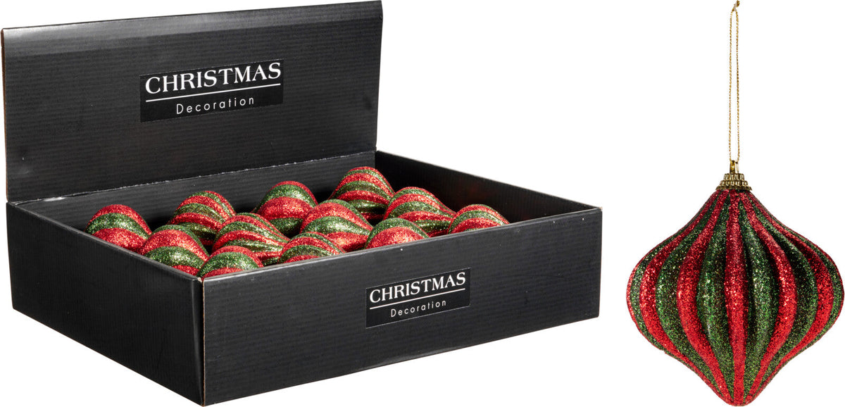 kerstbal ui 10cm 2ass glitter groen met rood