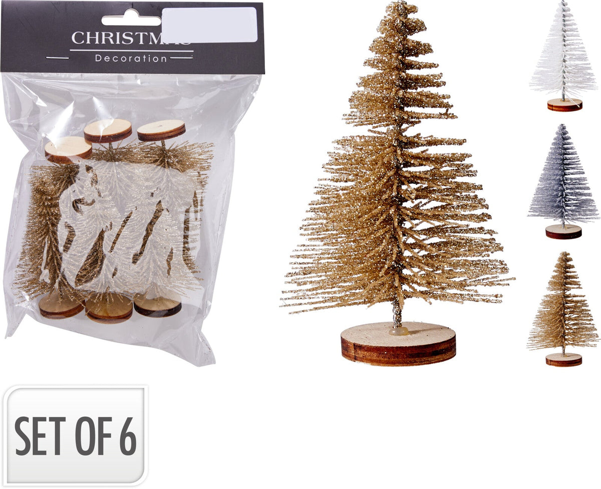 kerstboom 4x7cm set van 6sts 3ass kleuren met glitter