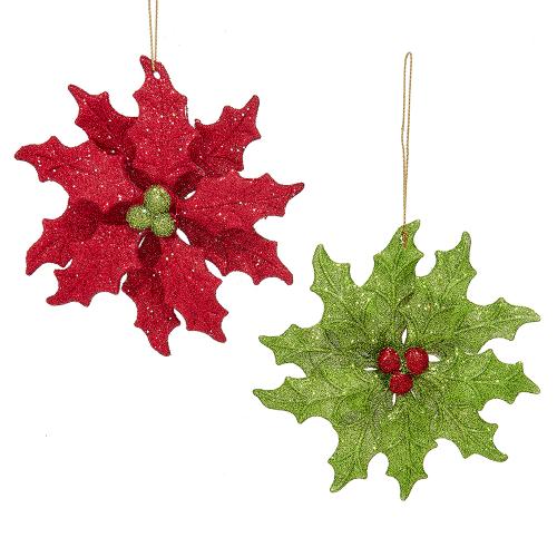 4.6"plastic red & apple green glittered holly leaf orn 2/ass