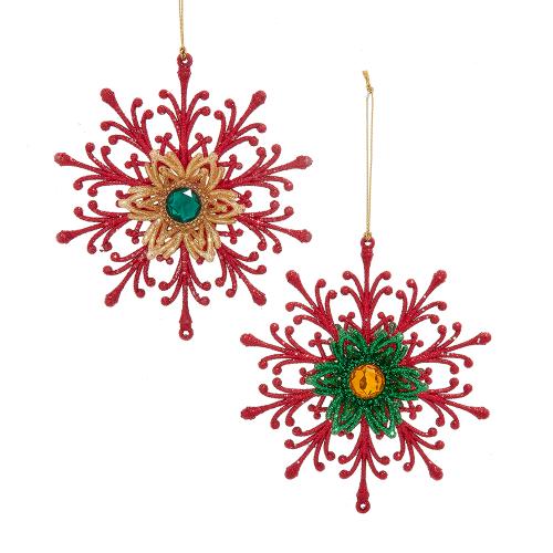 5.1"plastic red, green & gold snowflake orn 2/asstd.